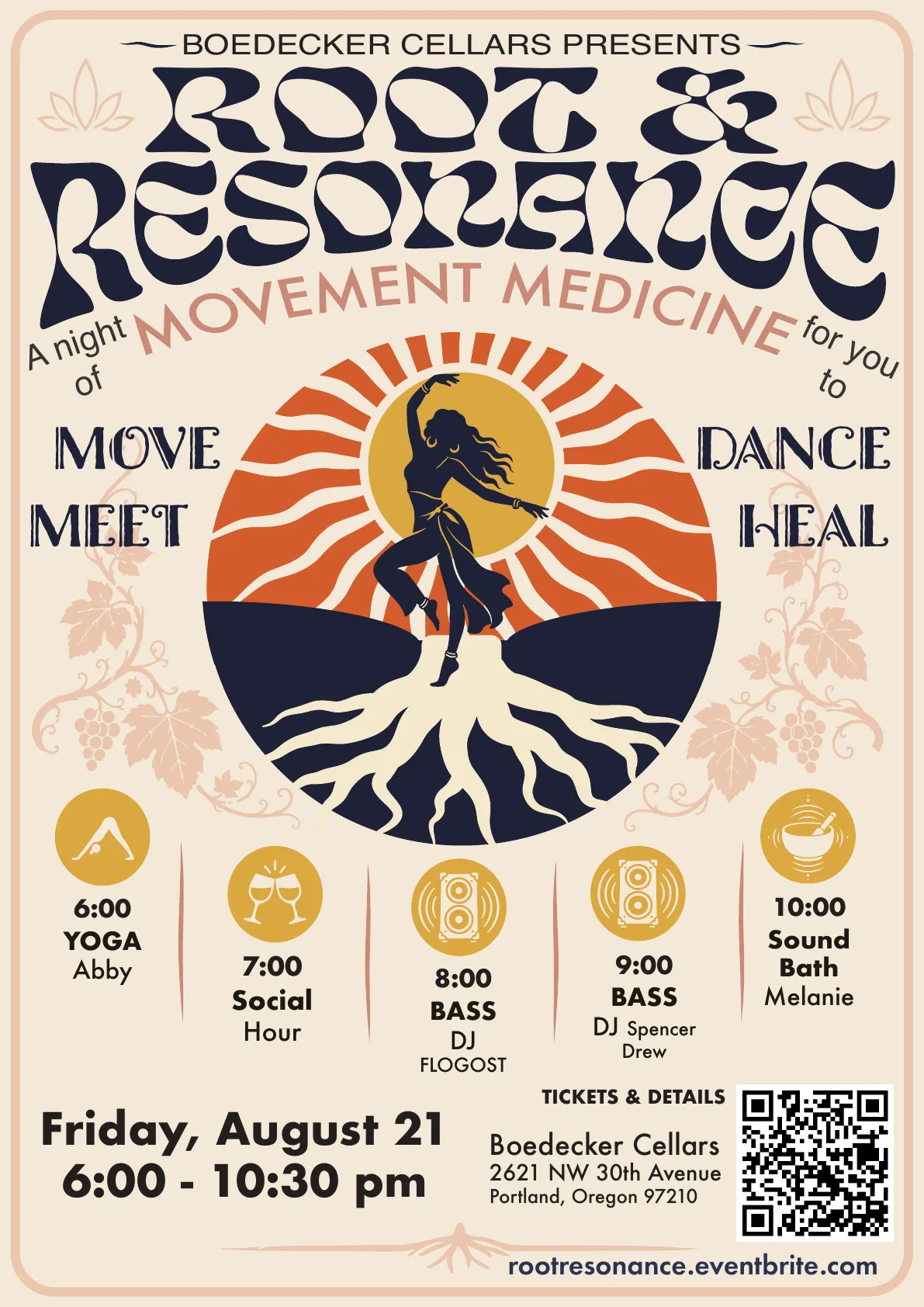 Root & Resonance event flyer with a dancer above branching roots